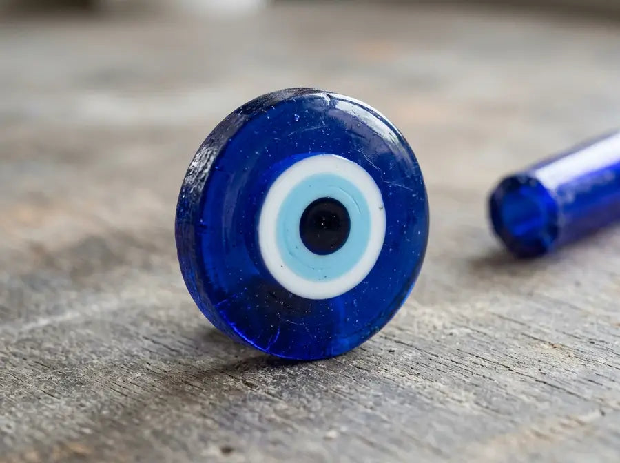 Macro view reveals a Nazar bead's thick glass edge and concentric white, blue, and dark center