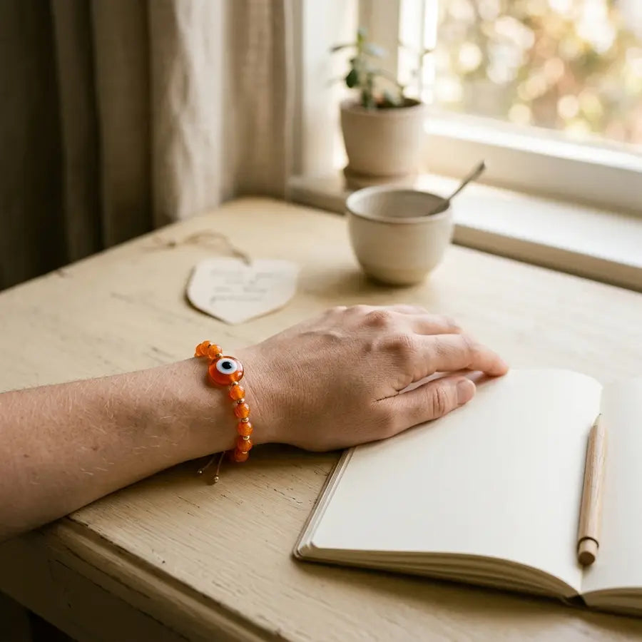 Wrist wearing an orange beaded evil eye bracelet beside an open notebook and pencil on a sunlit desk.