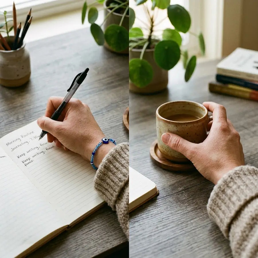 Two practical desktop moments show an evil eye bracelet while writing and while reaching for a cup, with a sleeve edge sugges