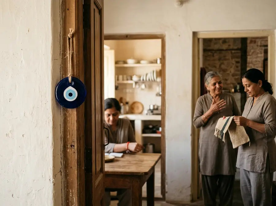Blue Nazar hangs beside a doorway while three people talk inside a home, one wearing a red wrist thread