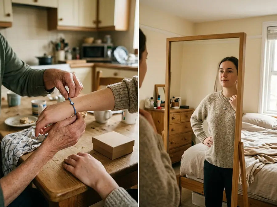 Hands fasten a blue eye bracelet beside a second scene of a woman wearing a necklace in front of a mirror