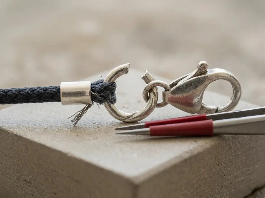 Side profile of a clasp assembly with a twisted-open jump ring, loose crimp, and a short wire tip protruding from the connect