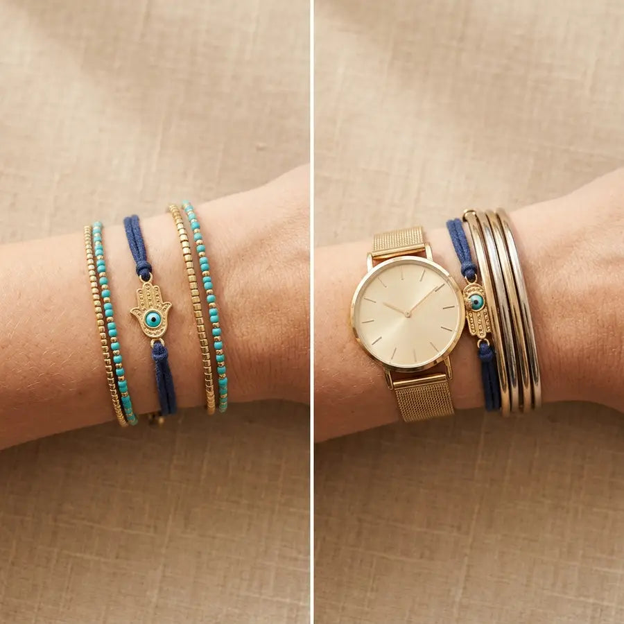 Two wrist stacks compare a visible Hamsa charm with space between bracelets against a crowded stack where the charm is partly