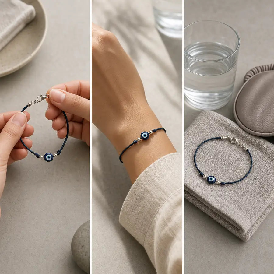 A left-to-right care sequence shows clasp inspection, comfortable daytime wrist wear, and an evil eye bracelet set on a towel