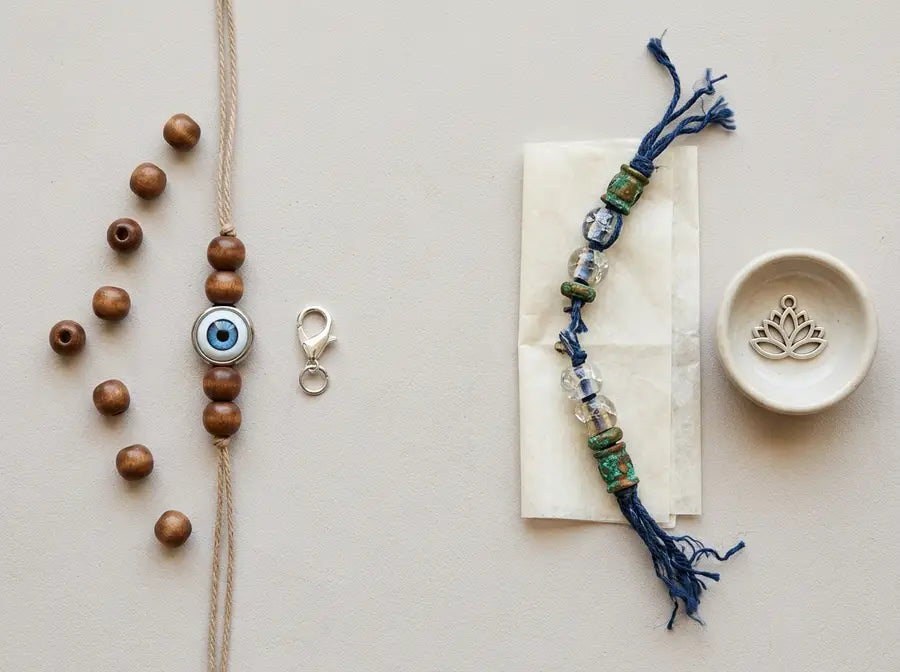 One branch has intact beads being threaded onto fresh cord, while the other isolates cracked and corroded parts beside a sepa