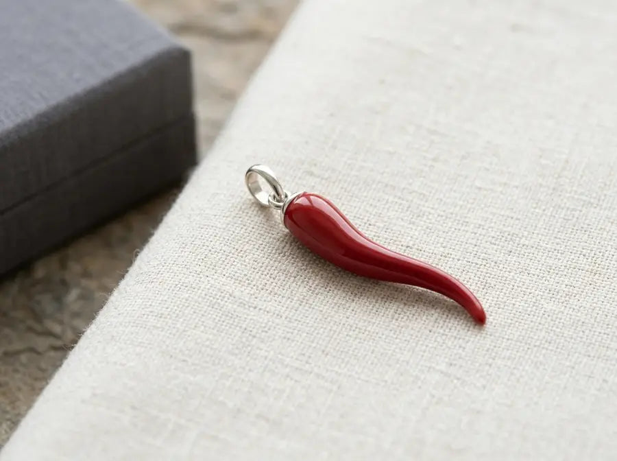 Complete red curved horn pendant with a small metal suspension loop resting on cream linen