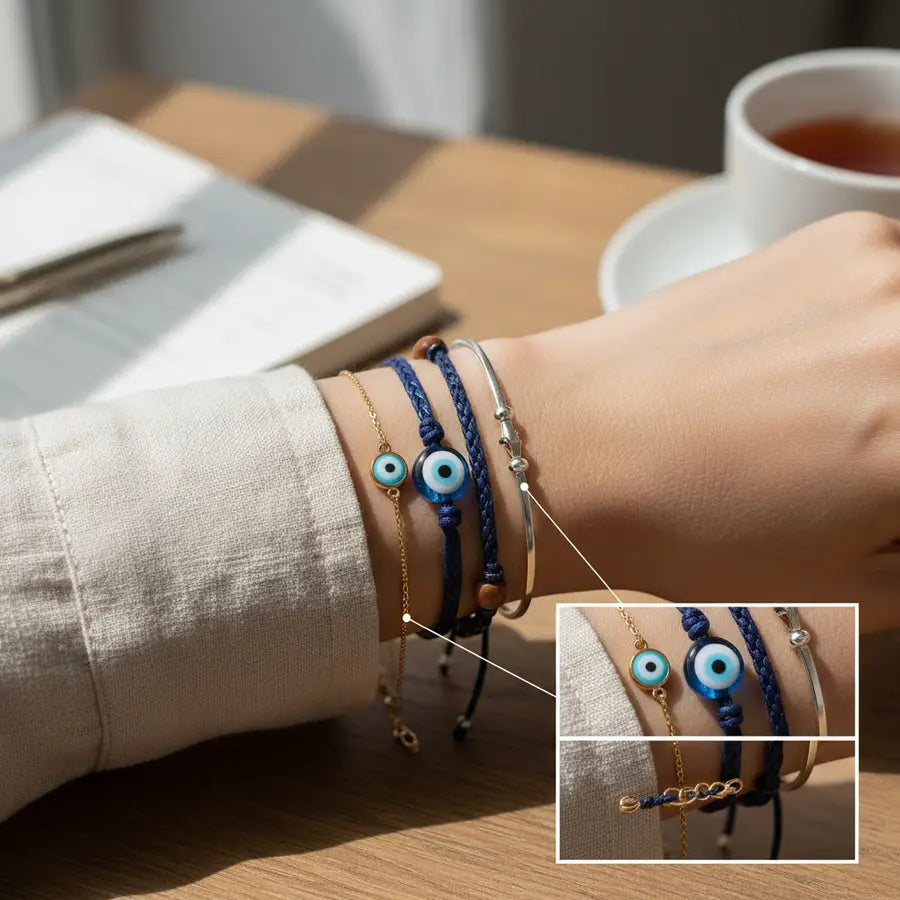 Layered evil eye bracelets with mixed textures and balanced spacing for comfortable daily wear