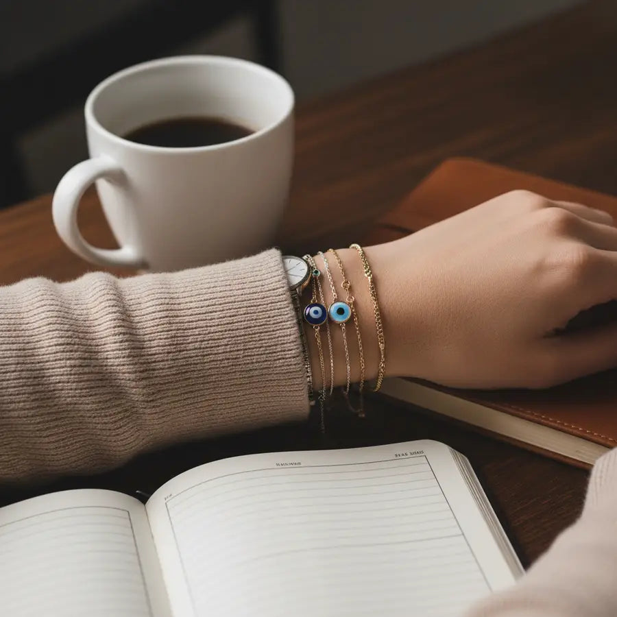 Layered evil eye bracelets styled with simple everyday clothing