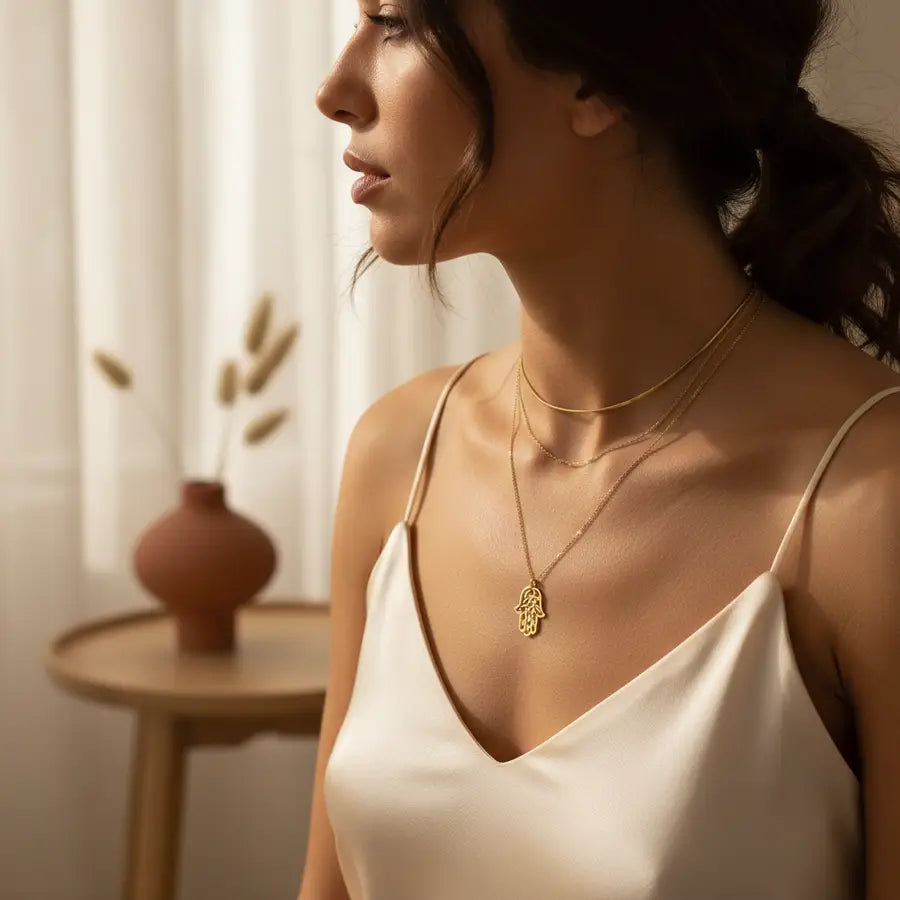 Model wearing a layered gold Hamsa necklace with a neutral silk camisole, showcasing everyday spiritual jewelry styling.
