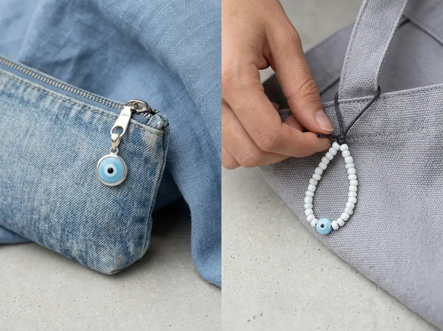 A light-blue silver charm accents faded denim while a matching eye bead joins white beads on a dove-gray fabric bag.