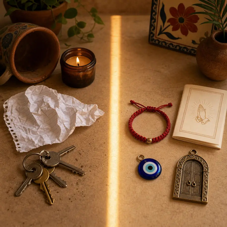 Side-by-side tabletop grouping with misfortune cues on the left and protective bracelet, eye charm, and prayer card on the ri