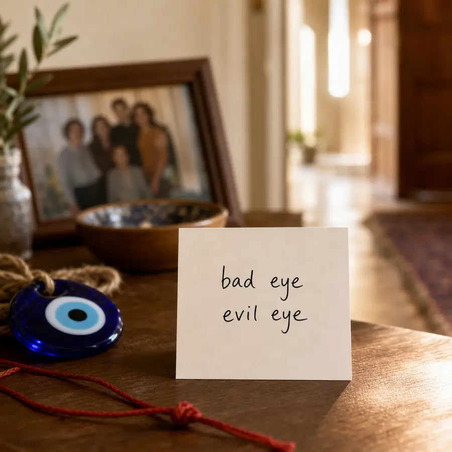 Foreground note card reading bad eye and evil eye with blurred amulet, red thread, and household doorway light behind it