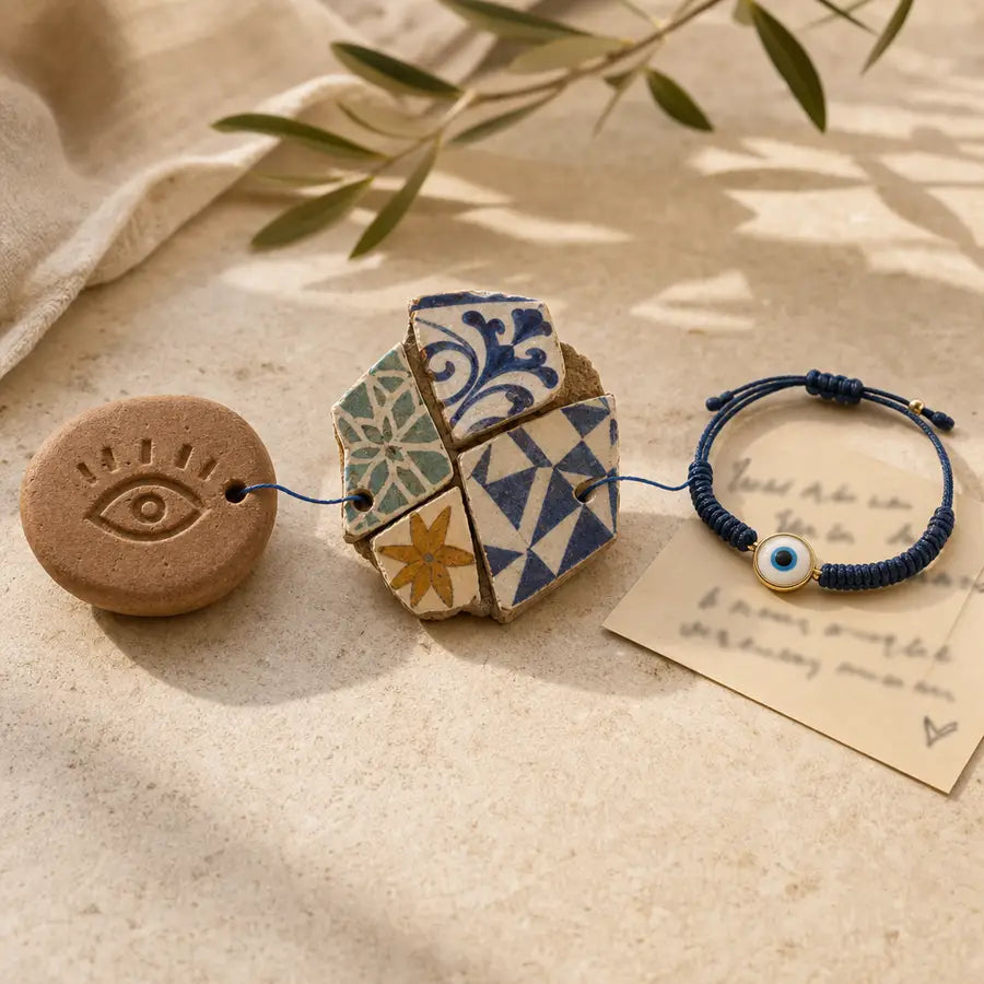 Three-part progression from clay eye motif to patterned tile fragments to modern bracelet connected by a blue thread