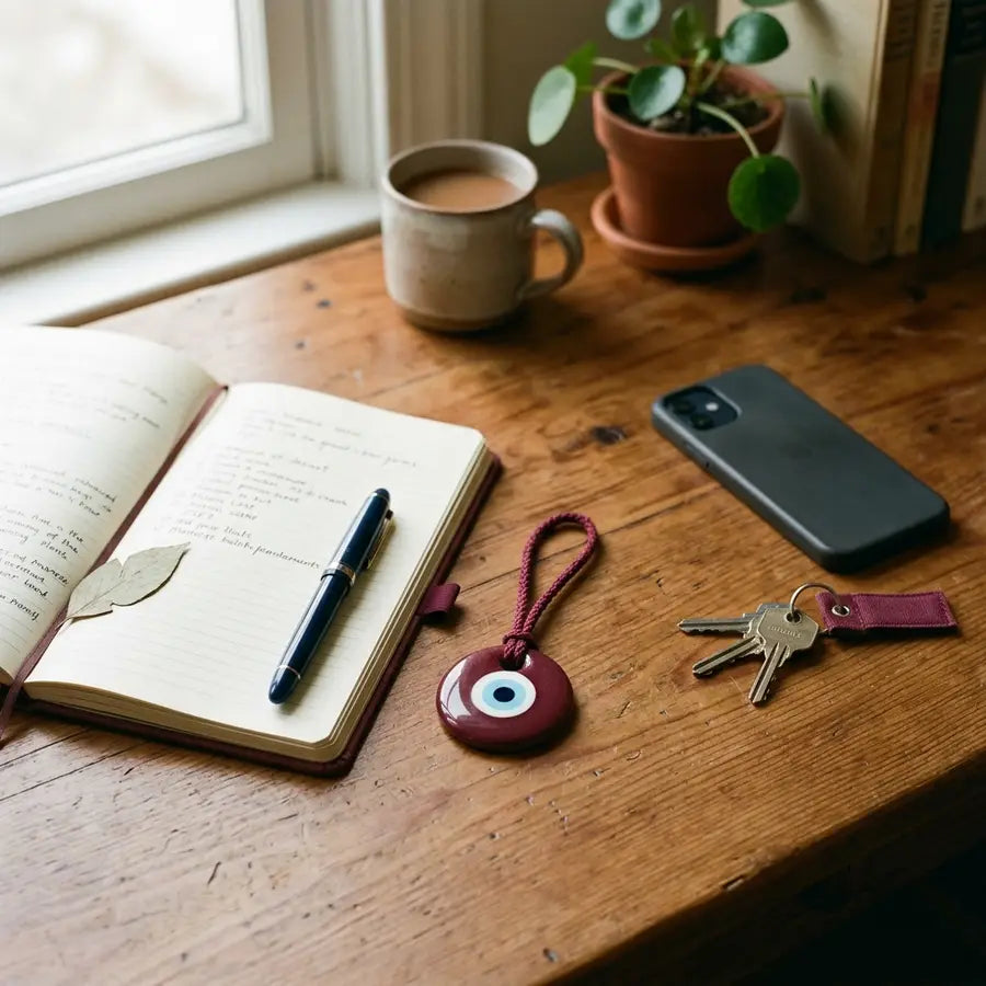 Maroon evil eye charm between an open journal and a face-down phone on a warm wooden desk.