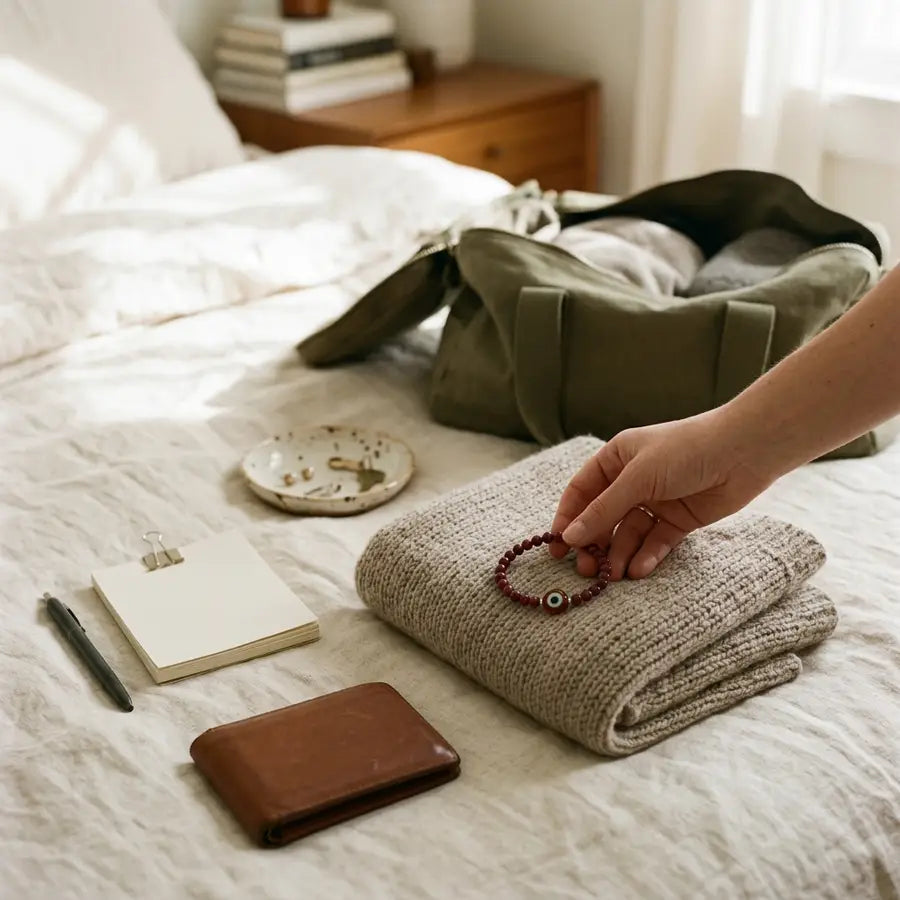 Maroon evil eye bracelet beside a folded scarf, work notes, wallet, and bedside dish during quiet packing.