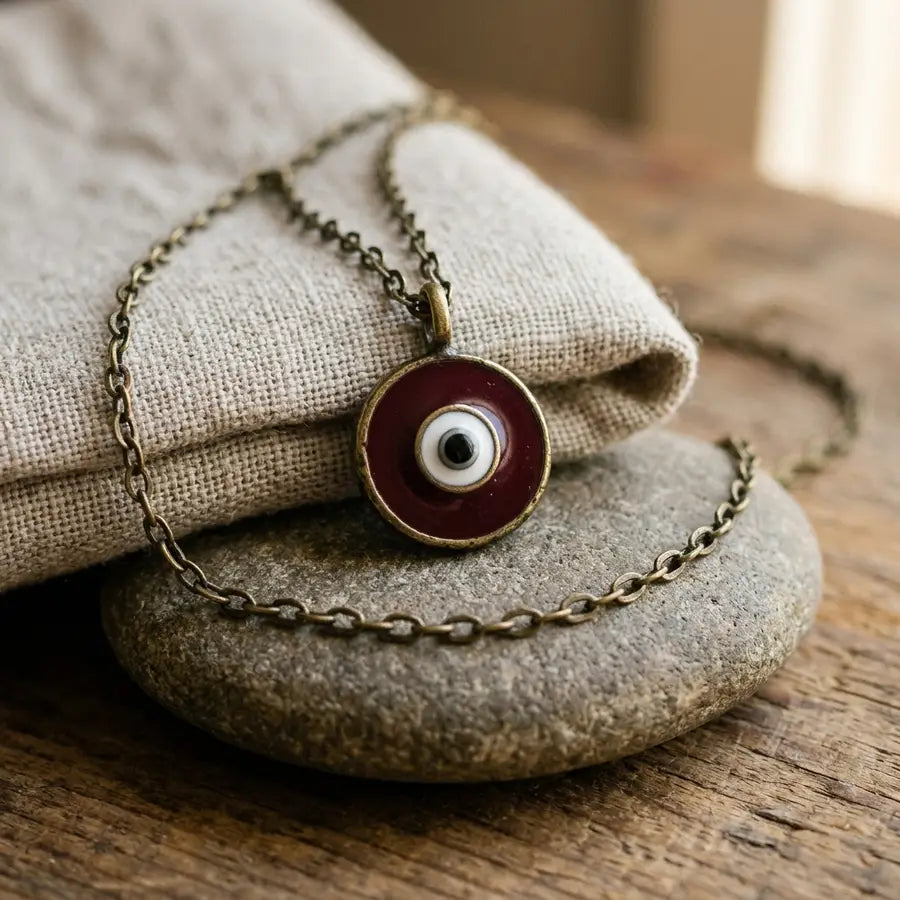 Maroon evil eye pendant on linen and river stone with a brass chain forming a boundary curve.