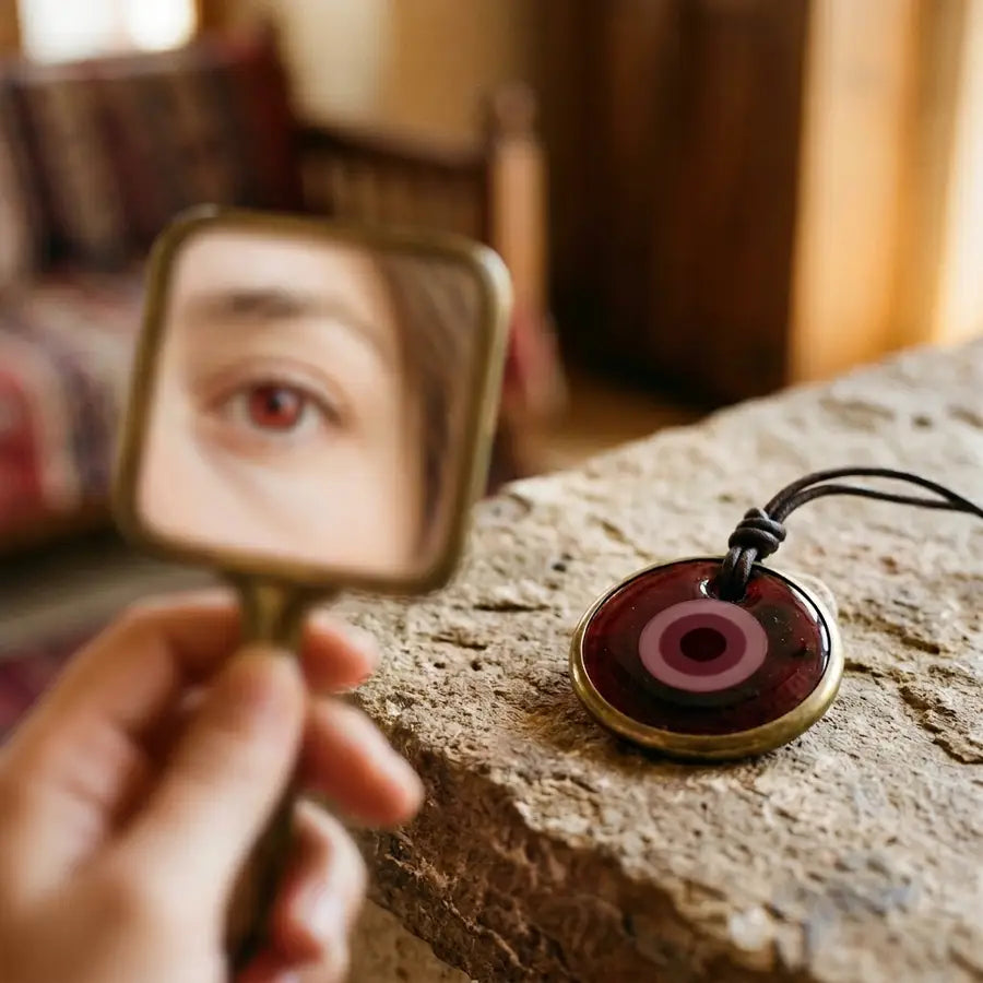 Sharp maroon evil eye charm in the foreground with a blurred reddish-brown human eye reflected in a mirror behind it.