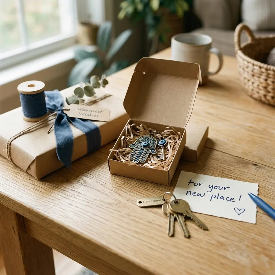 Open gift box with Hamsa key charm, handwritten card saying for your new place, house keys, ribbon, kraft paper, and pen.