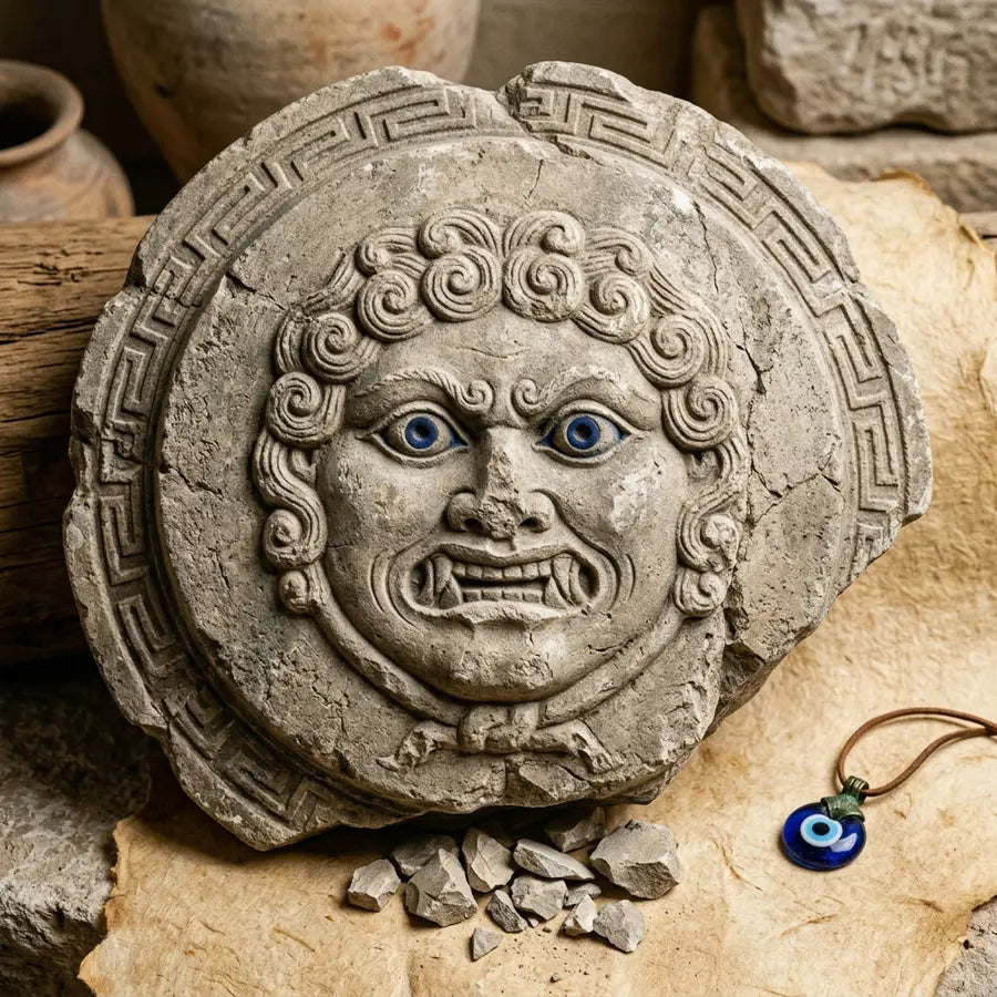 Carved gorgoneion face on a Greek shield fragment with cobalt eye inlay and a small blue protective bead beside it.