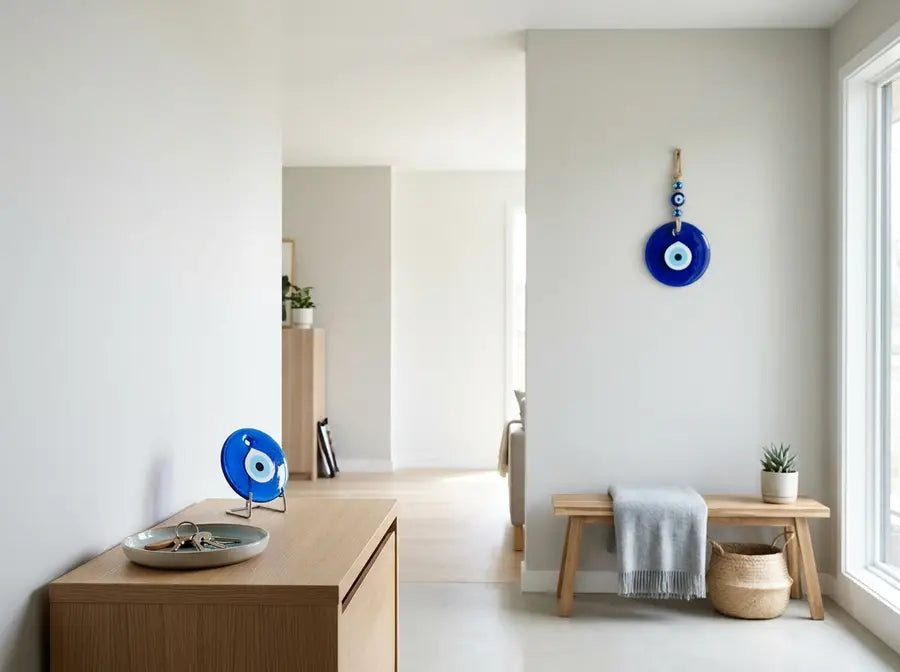 A small Nazar stands beside keys on an entry console while a larger glass eye hangs across the room on an open living-room wa