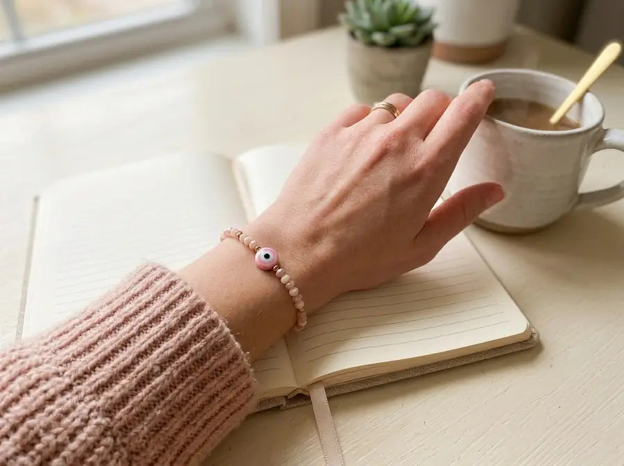 Pink evil eye bracelet worn on a wrist beside an open journal and ceramic mug on a warm white desk