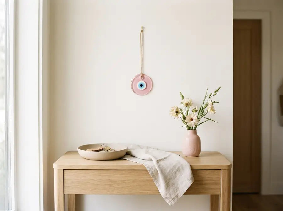 Small pink evil eye wall charm above a light wood entry console with a key bowl and blush vase