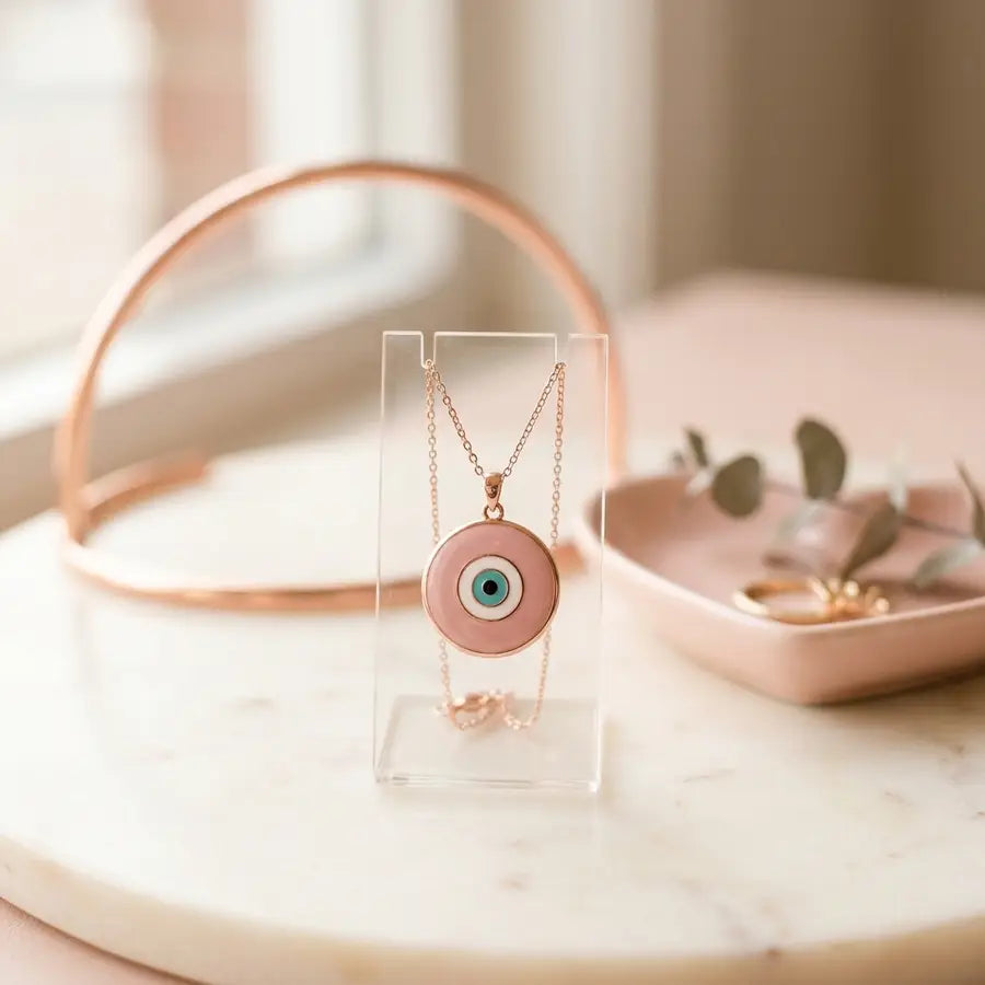 Pink evil eye pendant in front of a blurred protective arc and a blurred heart-shaped dish