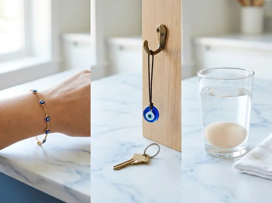 Three-stage protection setup with a worn evil eye bracelet, an entryway charm by keys, and an egg with water for clearing.