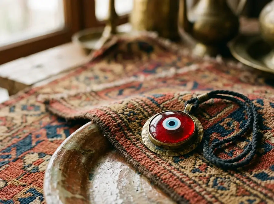 Red evil eye amulet on a woven kilim cloth beside aged brass and ceramic, with soft regional patterns blurred behind it