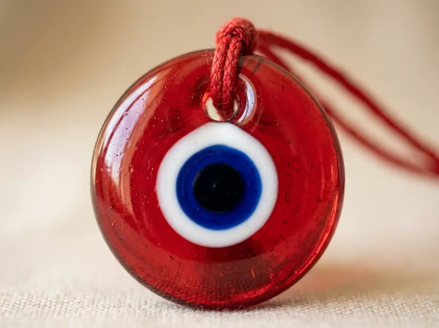 Macro view of a red glass evil eye bead with layered red and white rings and a black pupil, strung on a thin red cord