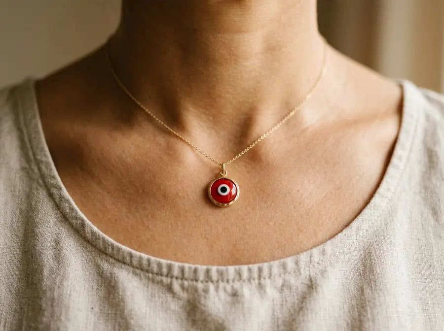 Red evil eye pendant worn at the neckline with the eye facing outward and clearly visible against warm skin