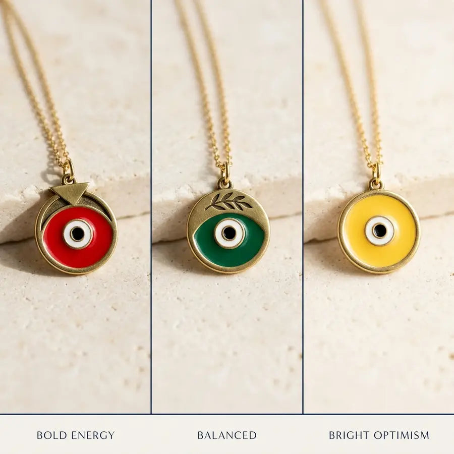 Red, green, and yellow evil eye charms arranged in three equal panels with one mood label beneath each color.