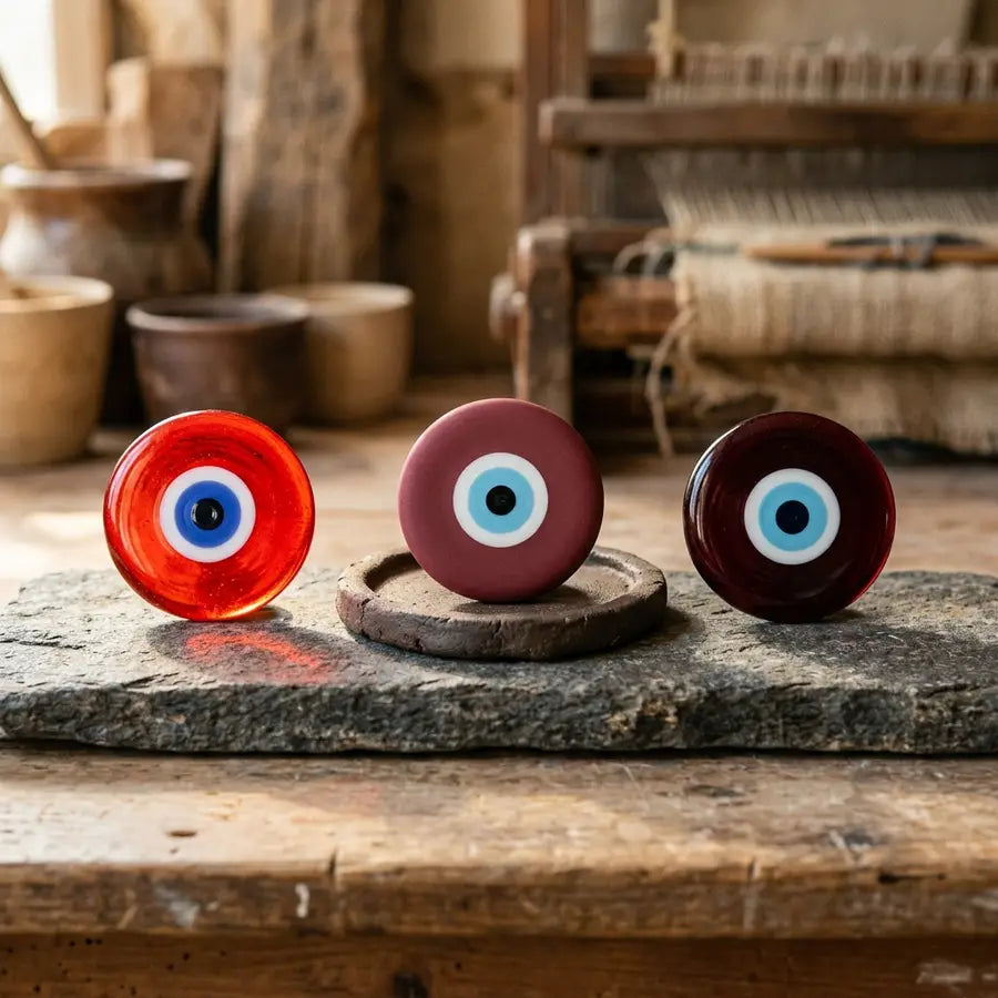 Three evil eye charms in red, maroon, and burgundy arranged left to right as a clean color comparison.
