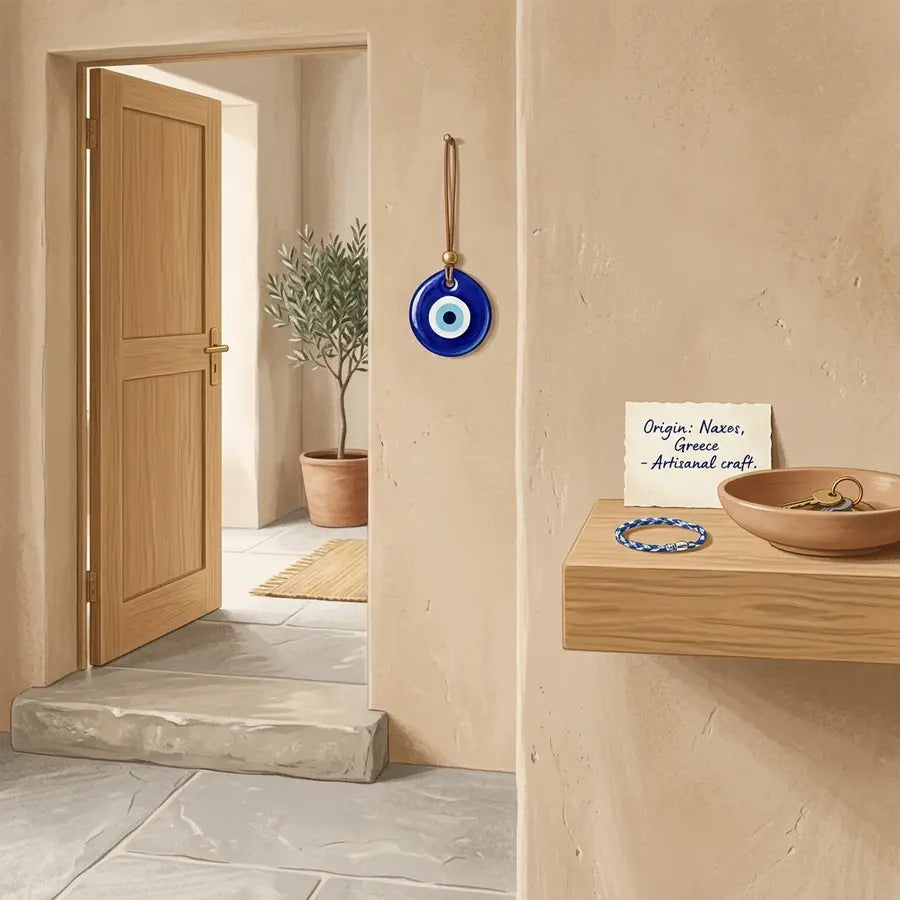Warm entryway with a cobalt evil eye doorway charm, origin note card, travel bracelet, ceramic bowl, and stone threshold.
