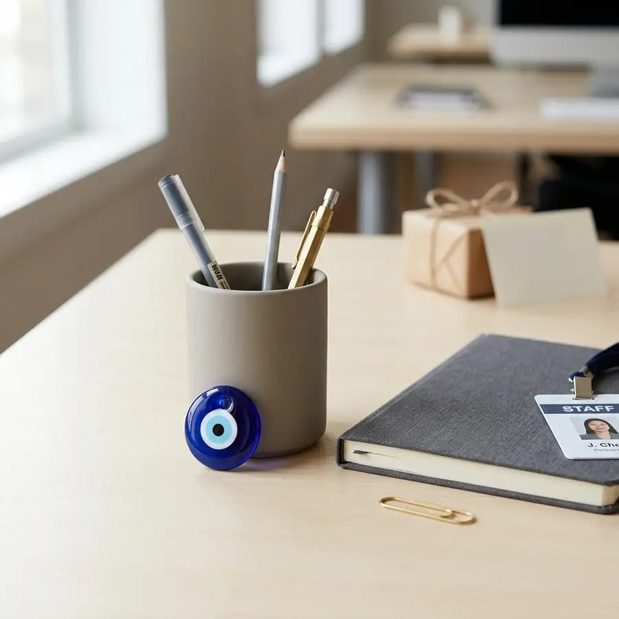 Blue glass evil eye charm beside a pen cup, notebook, staff badge, and small gift at an office desk.