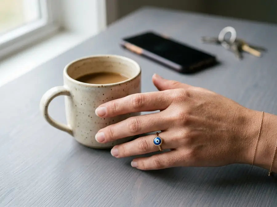 Sharp evil eye ring on a hand reaching for a mug while phone and keys sit softly blurred on a gray desk.