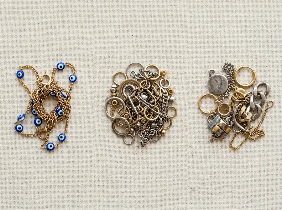 Three problem vignettes showing knotted chains, an overcrowded stack, and clashing mismatched metals