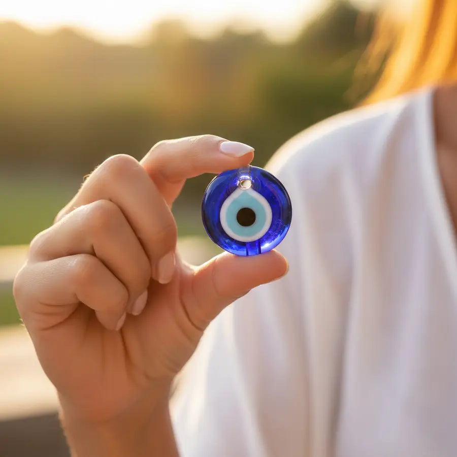 Woman holding a traditional glass evil eye bead up to the light showcasing its protective blue concentric circles.