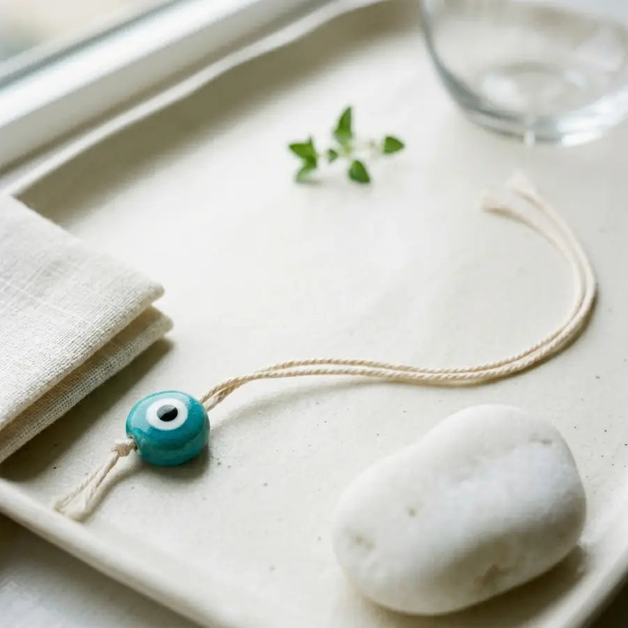 Turquoise evil eye bead on an open pale cord with linen, white stone, green sprig, and glass rim on a warm-white ceramic tray