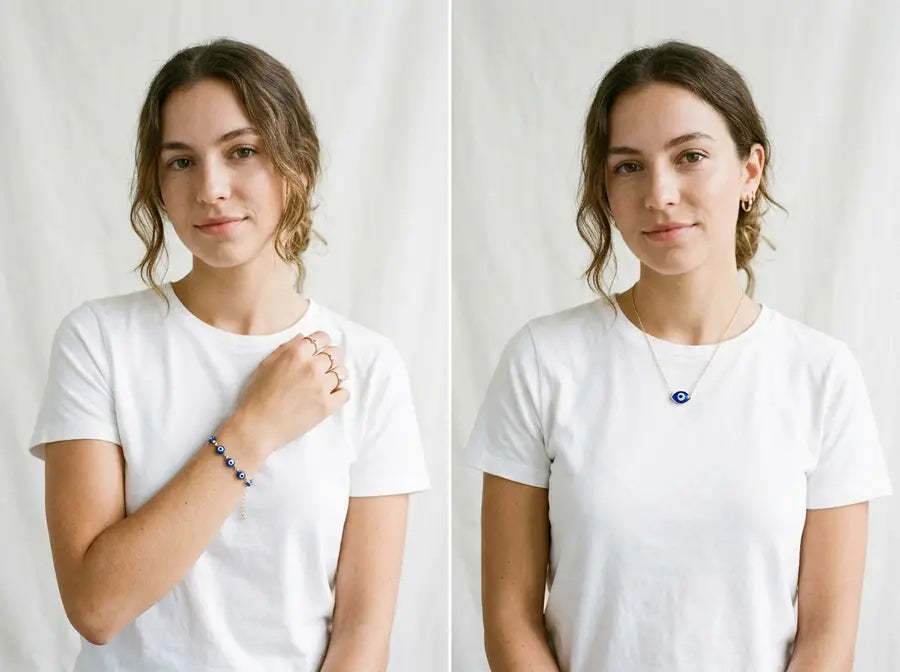 Left-wrist evil eye bracelet compared with a visible collarbone pendant, both shown clearly against white clothing.