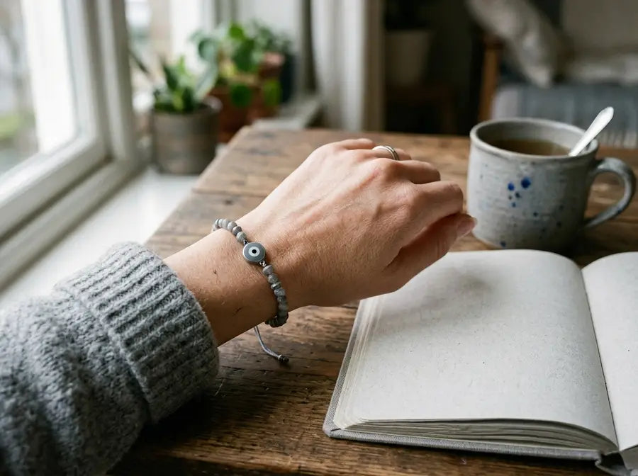Wrist wearing a grey evil eye bracelet beside a notebook in soft daylight; verify against the final visible image.
