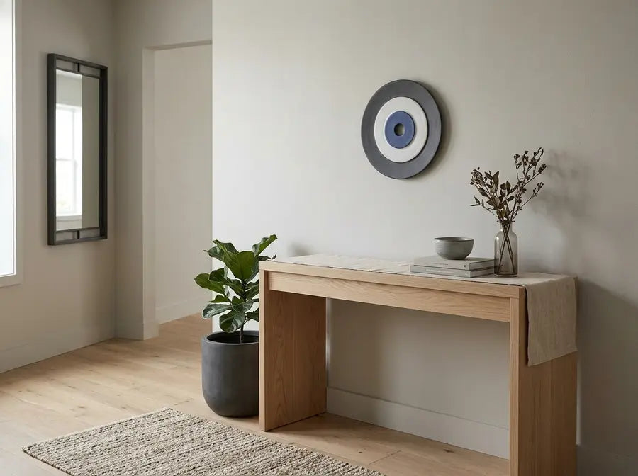 Grey evil eye wall hanging displayed in a neutral entryway; verify against the final visible image.