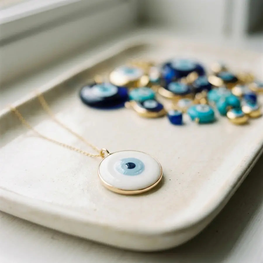 Sharp white evil eye pendant in front of blurred blue and dark charms on a creamy ceramic tray