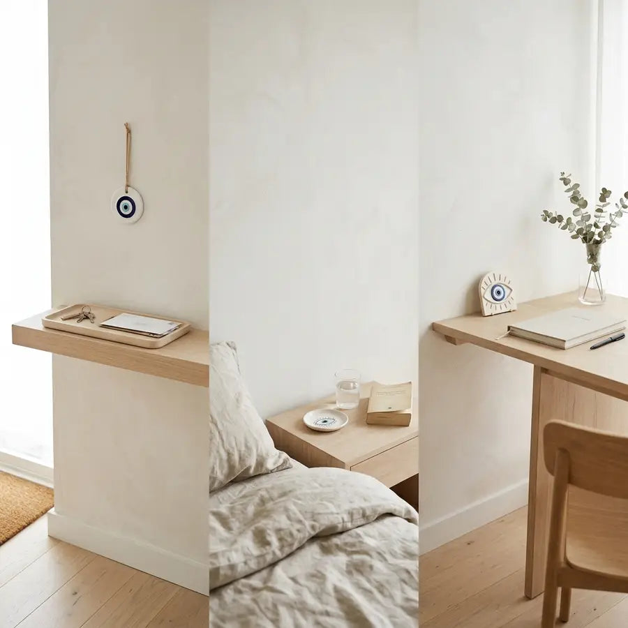 Neutral home scene with white evil eye decor placed at an entry tray, bedside table, and workspace shelf