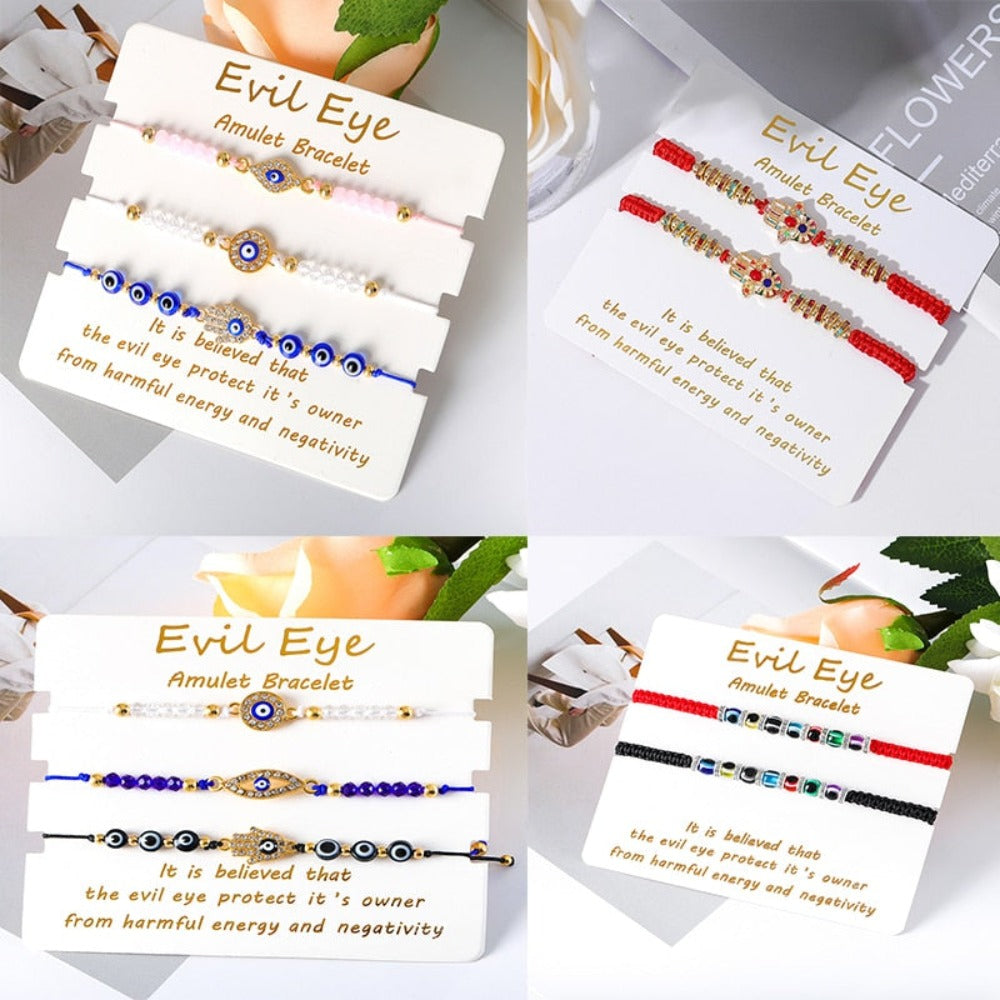 Bohemian Evil Eye Bracelet Set for Women and Men - Handmade Braided Anklets with Crystal Beads, Lucky Wish Jewelry for Protection
