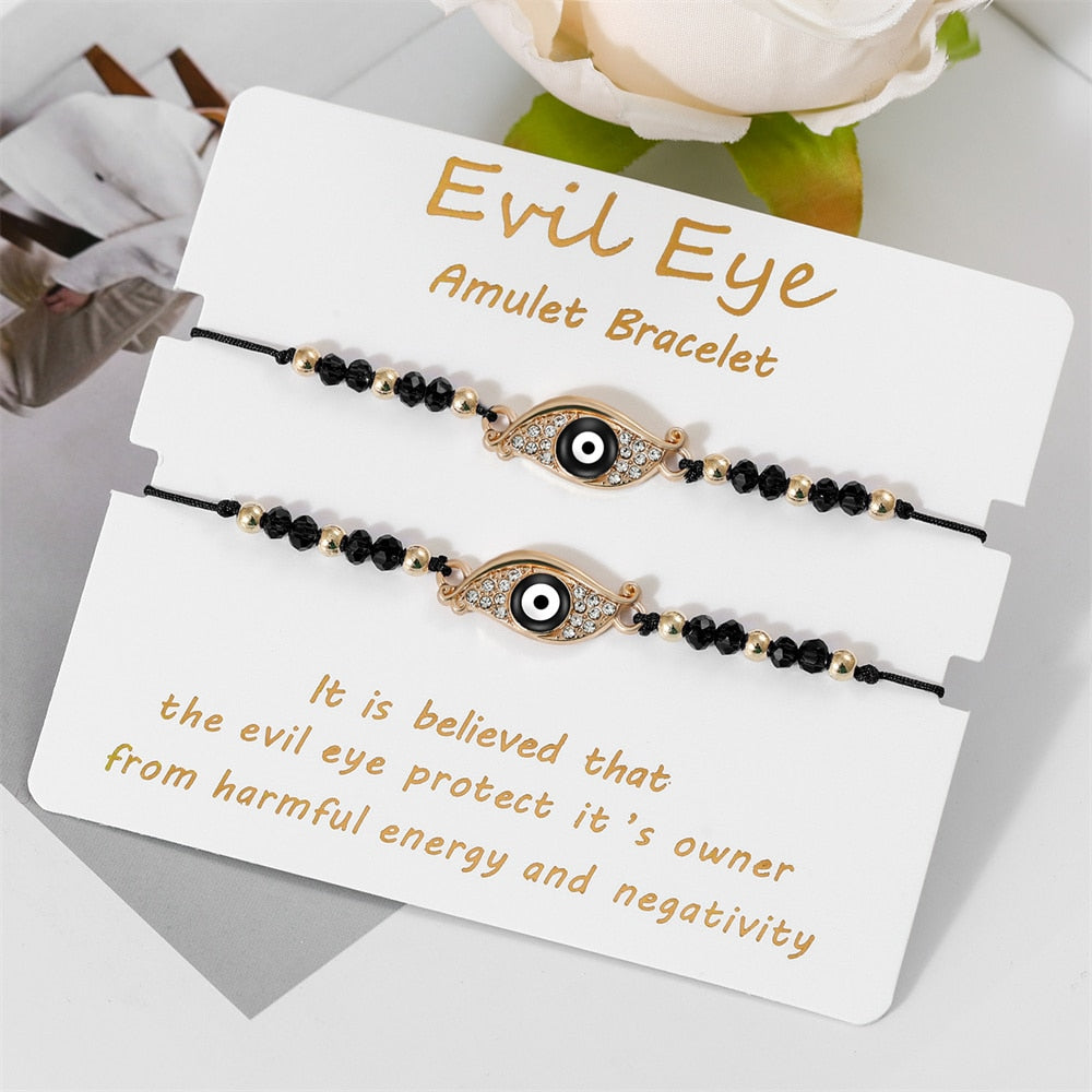 Bohemian Evil Eye Bracelet Set for Women and Men - Handmade Braided Anklets with Crystal Beads, Lucky Wish Jewelry for Protection
