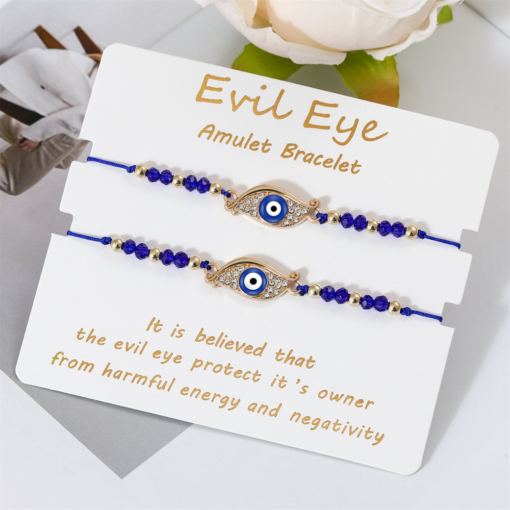Bohemian Evil Eye Bracelet Set for Women and Men - Handmade Braided Anklets with Crystal Beads, Lucky Wish Jewelry for Protection