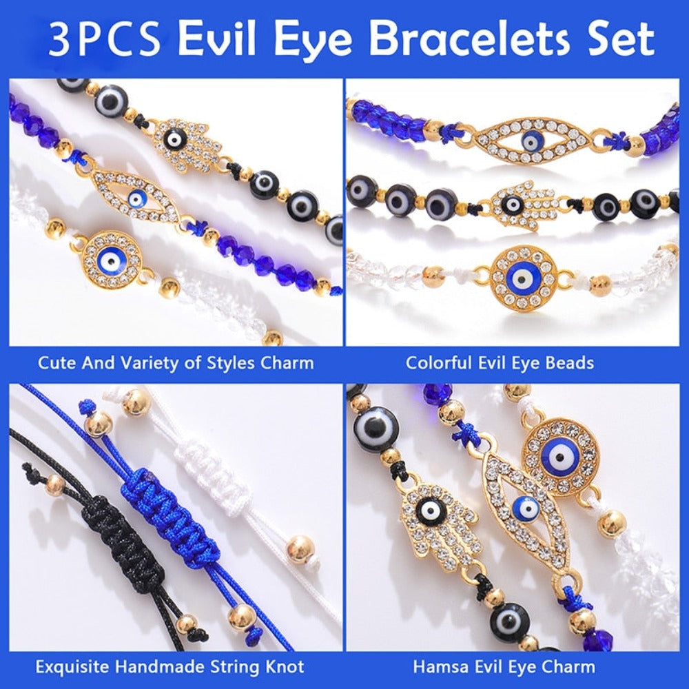 Bohemian Evil Eye Bracelet Set for Women and Men - Handmade Braided Anklets with Crystal Beads, Lucky Wish Jewelry for Protection