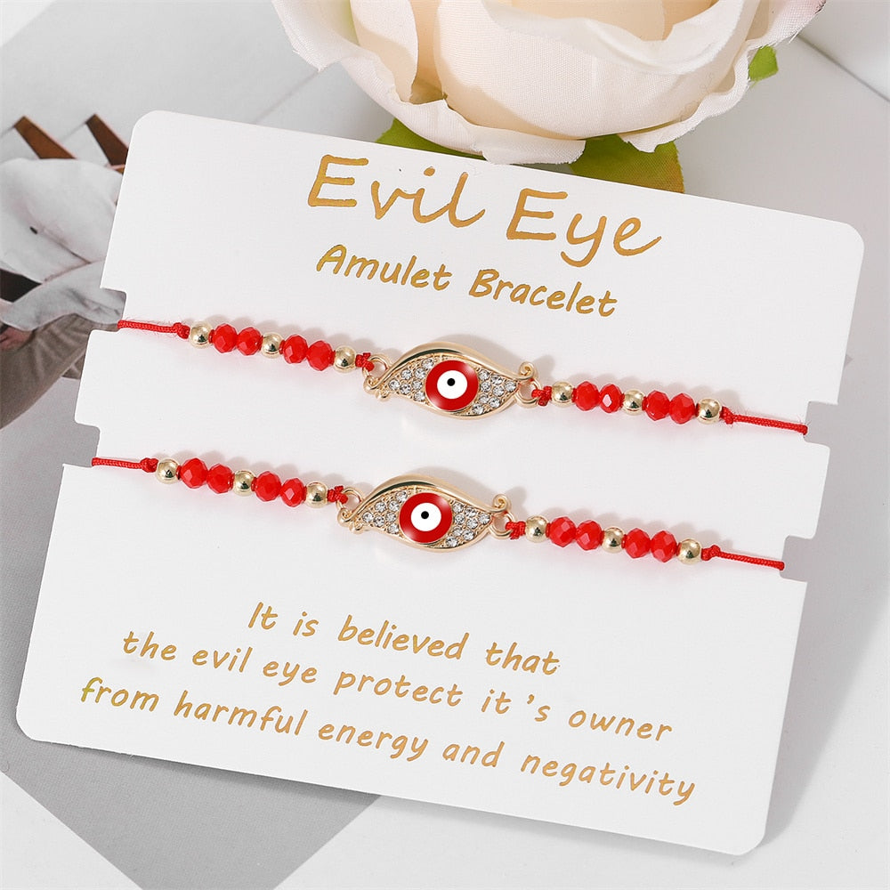 Bohemian Evil Eye Bracelet Set for Women and Men - Handmade Braided Anklets with Crystal Beads, Lucky Wish Jewelry for Protection