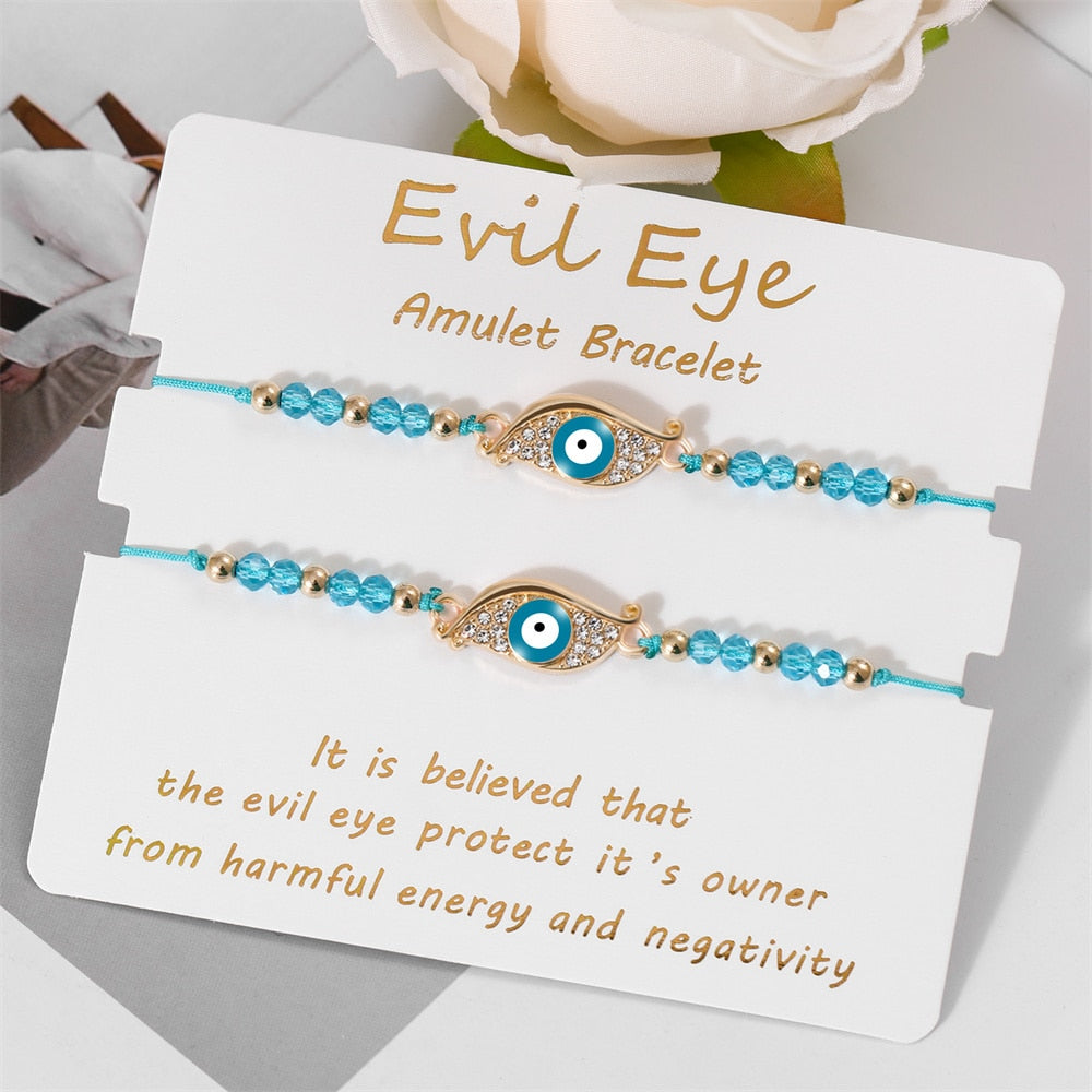 Bohemian Evil Eye Bracelet Set for Women and Men - Handmade Braided Anklets with Crystal Beads, Lucky Wish Jewelry for Protection
